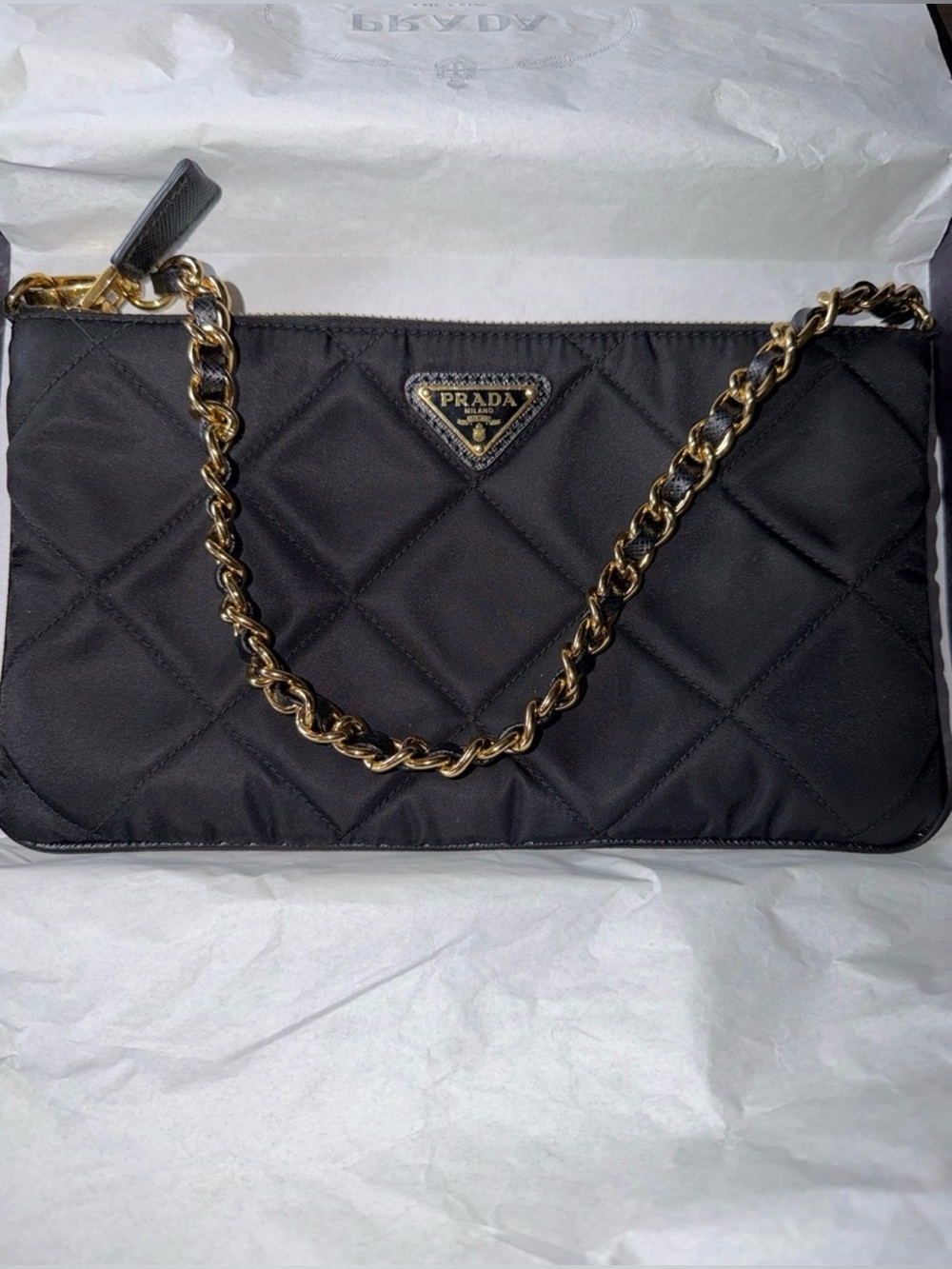 Prada Black Quilted Shoulder Bag with Gold Chain Strap